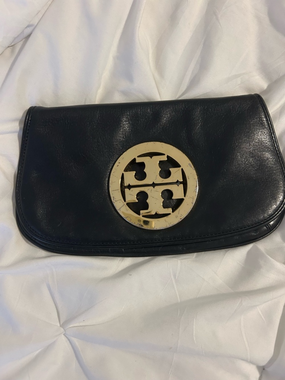 Tory Burch Black Leather Clutch with Gold Logo Medallion
